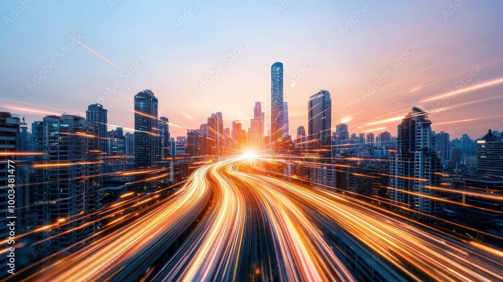 Dynamic City Skyline at Sunset with Light Trails Dynamic City Skyline at Sunset with Light Trails
