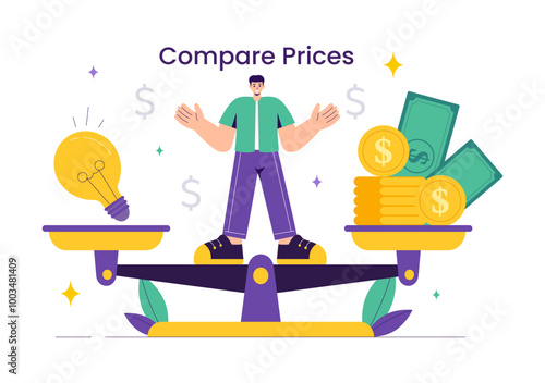 Vector Illustration of Comparing Prices and Inflation in the Economy, Showing Scales with Prices and Goods Values in a Flat Style Cartoon Background