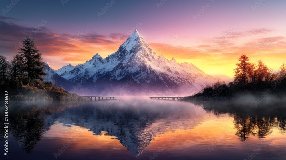 Fototapeta premium Serenity at Dawn: Reflections on a Quiet Mountain Lake