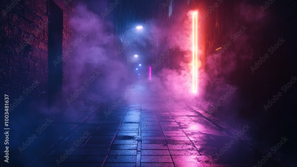 Wet, Empty Street Lit by Neon Signs and Fog