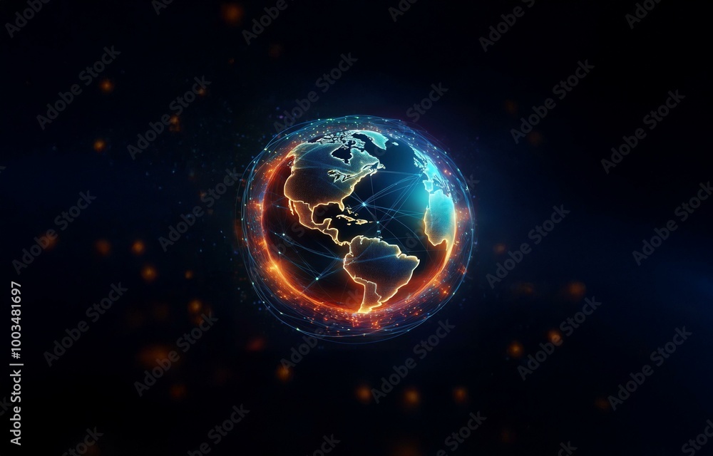 A glowing, digital globe is surrounded by orange and blue lines and dots, set against a dark background. A glowing, digital globe is surrounded by orange and blue lines and dots, set against a dark background.