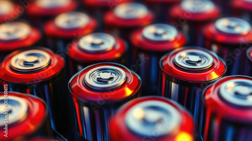 A close-up view of new batteries arranged neatly in a warehouse during daylight hours