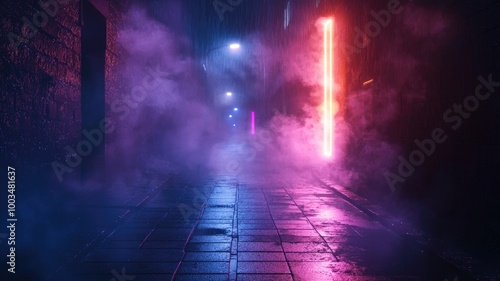 Obraz na płótnie Wet, Empty Street Lit by Neon Signs and Fog w salonie