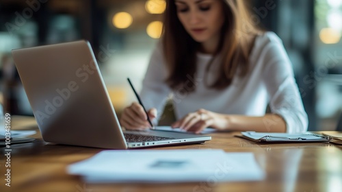 Woman Working on Laptop at a Modern Workspace