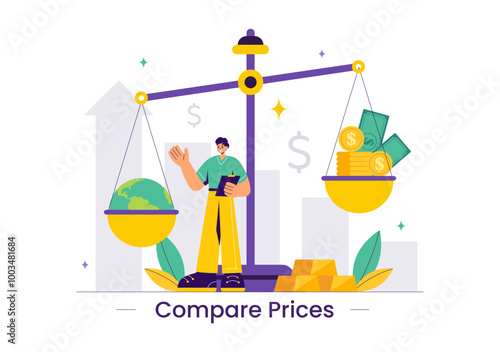 Vector Illustration of Comparing Prices and Inflation in the Economy, Showing Scales with Prices and Goods Values in a Flat Style Cartoon Background