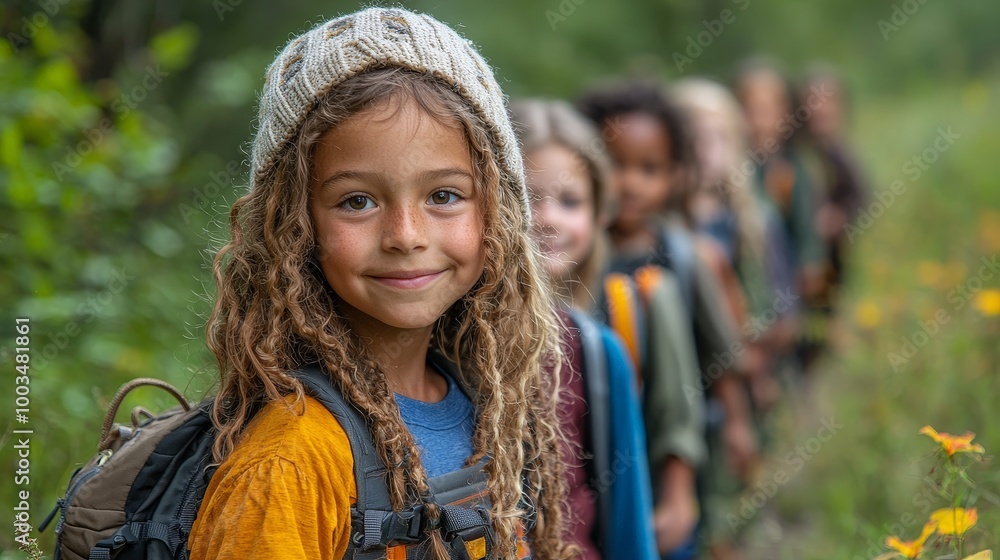 A group of children hiking together in nature, smiling and enjoying the outdoors. A group of children hiking together in nature, smiling and enjoying the outdoors.