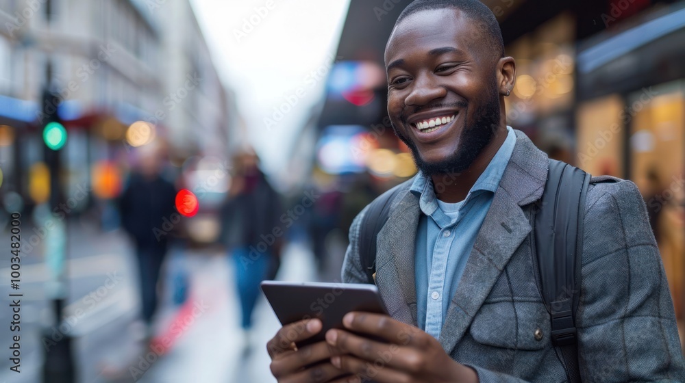 Happy businessman using tablet on the way to the office AI generated image Happy businessman using tablet on the way to the office AI generated image