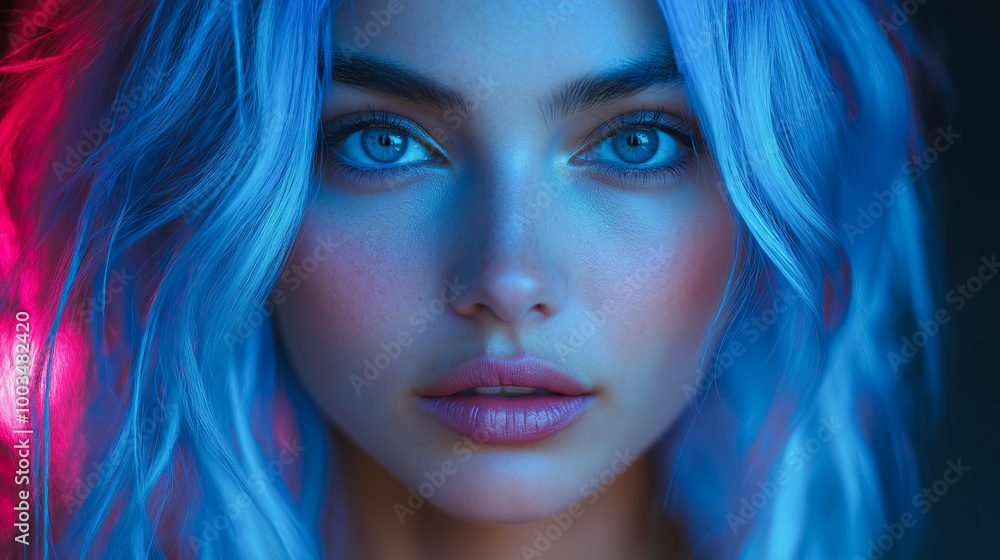 A woman with blue hair and blue eyes is staring at the camera A woman with blue hair and blue eyes is staring at the camera