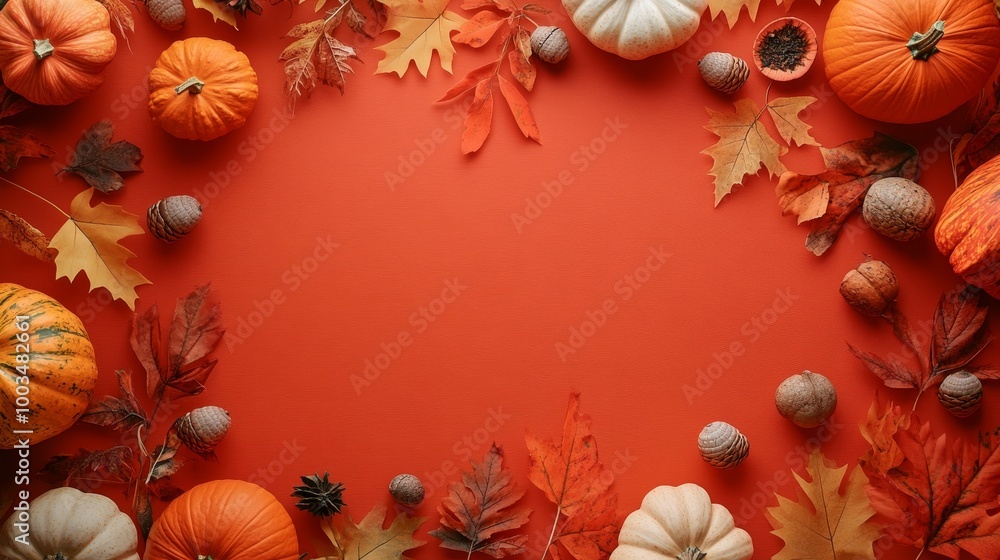 Fototapeta premium Cozy Thanksgiving Decor Flat Lay with Pumpkins, Acorns, and Autumn Leaves on Burnt Orange Background | Rustic Fall Table Setting with Copy Space