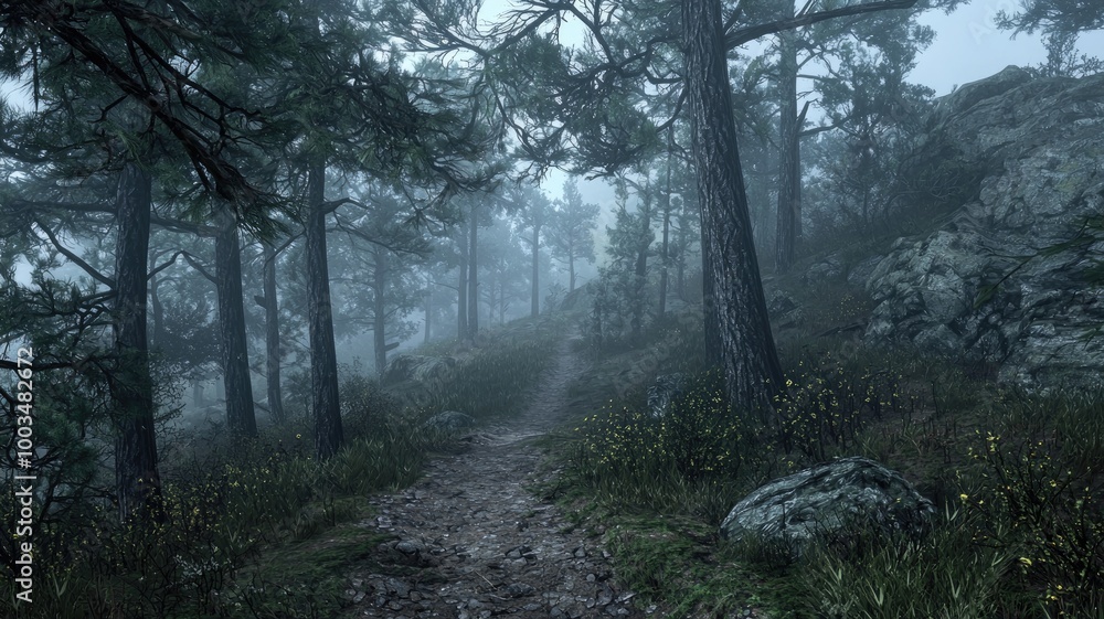 Fototapeta premium A winding path through a misty forest with tall trees, rocks, and a hint of sunlight.