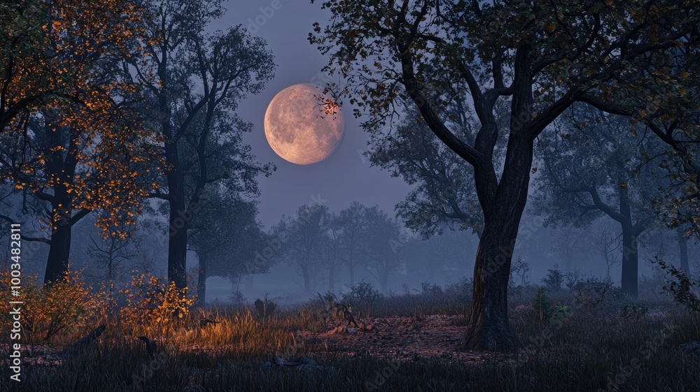 Full Moon Illuminating a Misty Forest at Night Full Moon Illuminating a Misty Forest at Night