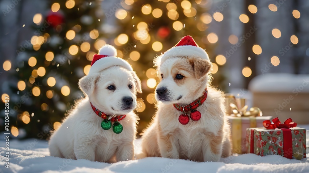 Image of a dog wearing a red Santa hat in winter with snow and celebrating Christmas and New Year. Image of a dog wearing a red Santa hat in winter with snow and celebrating Christmas and New Year.