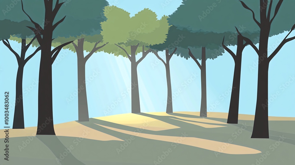 Obraz premium Sunlight shines through a grove of trees.
