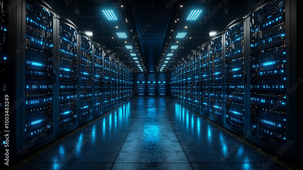 High-tech server room with modern data storage racks and glowing blue lights. High-tech server room with modern data storage racks and glowing blue lights.