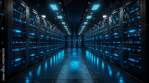 High-tech server room with modern data storage racks and glowing blue lights.