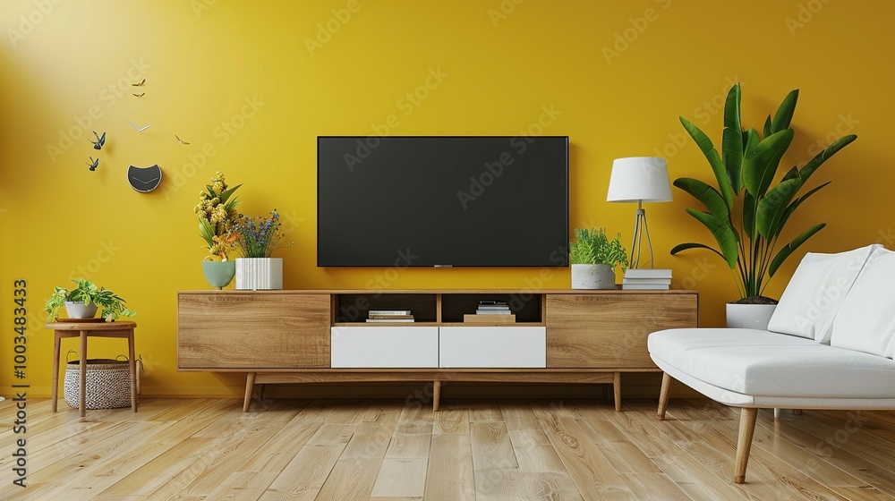 Stylish Mid-Century Living Room: White Sofa and Wooden TV Cabinets with Yellow Wall - 3D Render Stylish Mid-Century Living Room: White Sofa and Wooden TV Cabinets with Yellow Wall - 3D Render