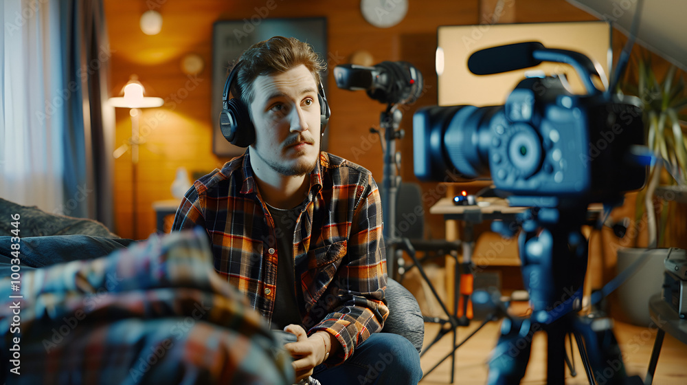 Man in headphones in front of microphones Man in headphones in front of microphones