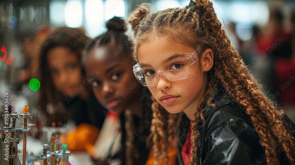 A group of girls engaged in a science experiment, showcasing curiosity and collaboration. A group of girls engaged in a science experiment, showcasing curiosity and collaboration.