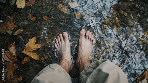 Bare feet standing in a clear stream surrounded by autumn leaves, capturing tranquility and connection with nature in a serene outdoor setting.