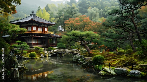 Serene Japanese garden with a traditional pagoda, a pond, a bridge, and lush greenery. The scene evokes a sense of peace and tranquility.