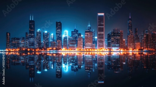 Chicago Skyline at Night with Reflection in Water