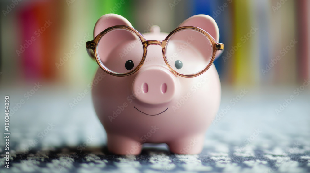 © Vanchlerm - A piggy bank wearing horn-rimmed glasses sits on a desk in front of a bookshelf. The piggy bank is smiling and has a coin slot on its back.