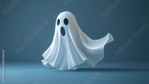 A White Ghost with Black Eyes and Mouth Floating on a Blue Background