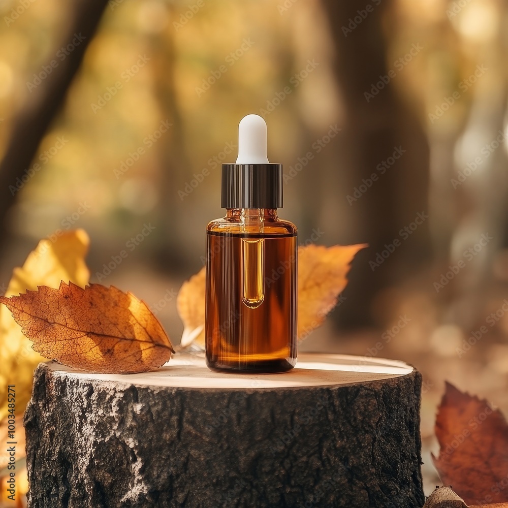 Essential oil in a glass bottle on a stump with autumn leaves Essential oil in a glass bottle on a stump with autumn leaves