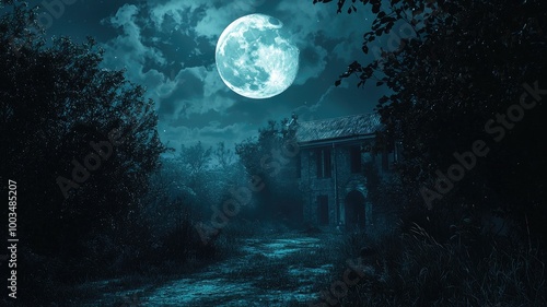 A Stone House under a Bright Full Moon in a Dark Forest