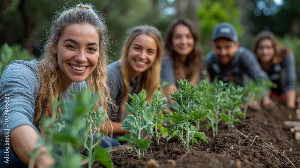 A group of smiling individuals planting seedlings in a garden, promoting teamwork and sustainability. A group of smiling individuals planting seedlings in a garden, promoting teamwork and sustainability.