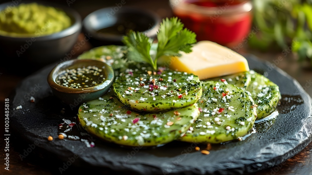 Delicious Cactus Salad Served on a Simple Elegant Black Stone Plate Delicious Cactus Salad Served on a Simple Elegant Black Stone Plate