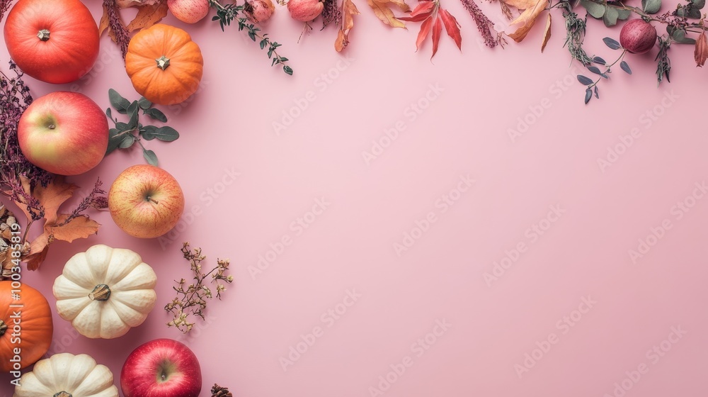 Fototapeta premium Cozy Thanksgiving Decor with Pumpkins, Apples, and Herbs on Mauve Background with Copy Space and Morning Light