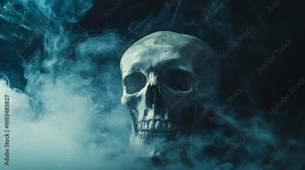 Skull surrounded by mist on dark background Skull surrounded by mist on dark background