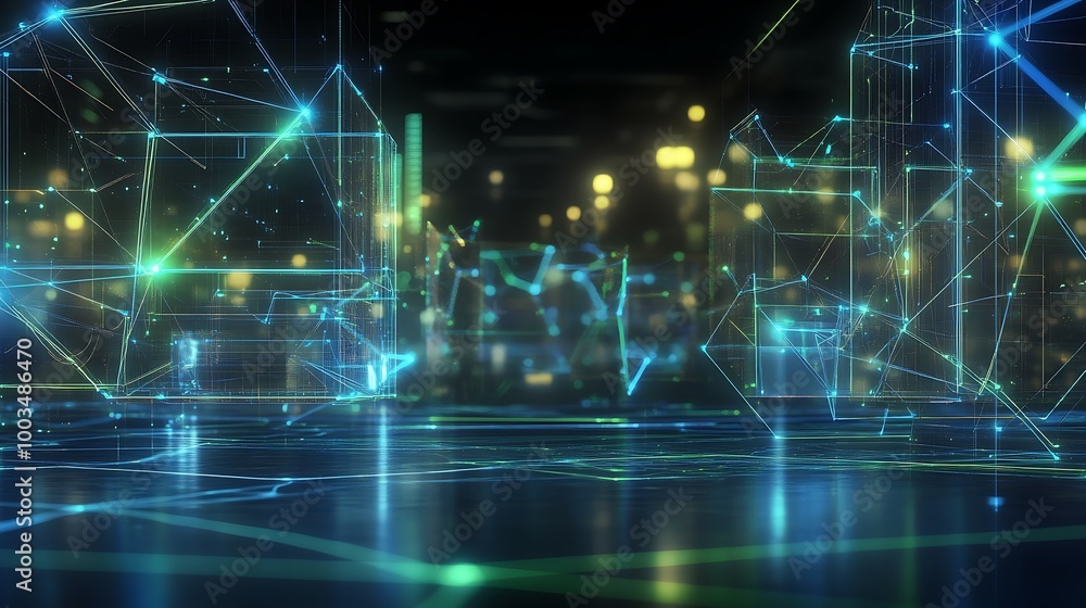 Abstract futuristic city with glowing lines and a blurred background of lights. Abstract futuristic city with glowing lines and a blurred background of lights.