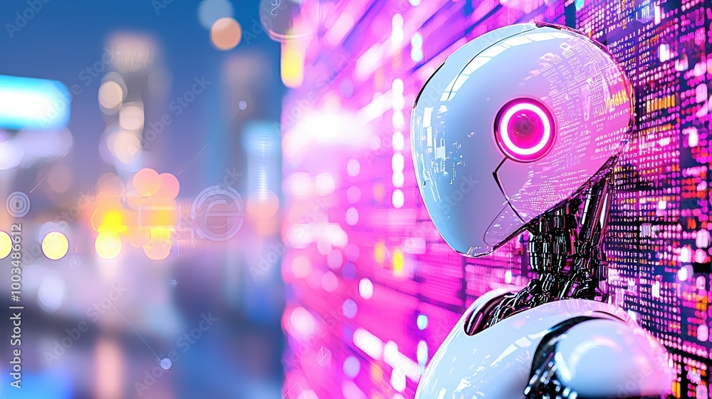Fototapeta premium Futuristic Robot with Neon Background in Urban Setting