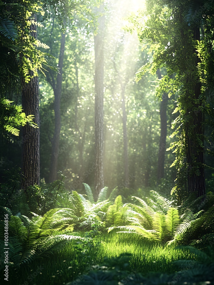 Fototapeta premium Sunbeams shine through the canopy of trees in a lush, green forest, illuminating ferns on the forest floor.