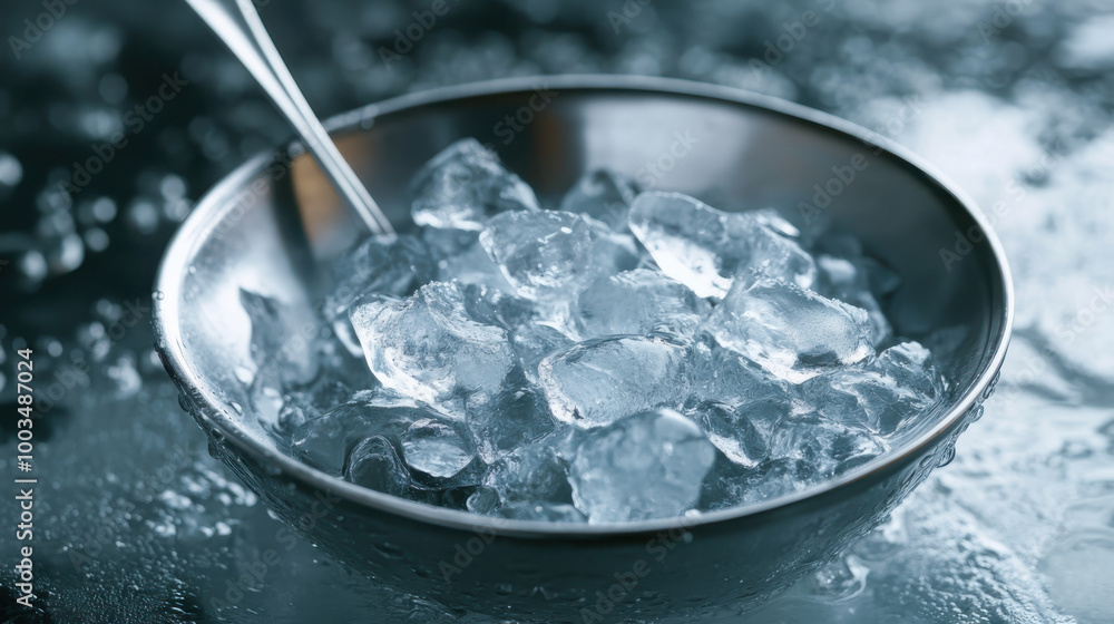 A close-up of an ice bucket filled with glistening ice cubes, with a metal scoop resting on top and light reflecting off the cold surface. A close-up of an ice bucket filled with glistening ice cubes, with a metal scoop resting on top and light reflecting off the cold surface.