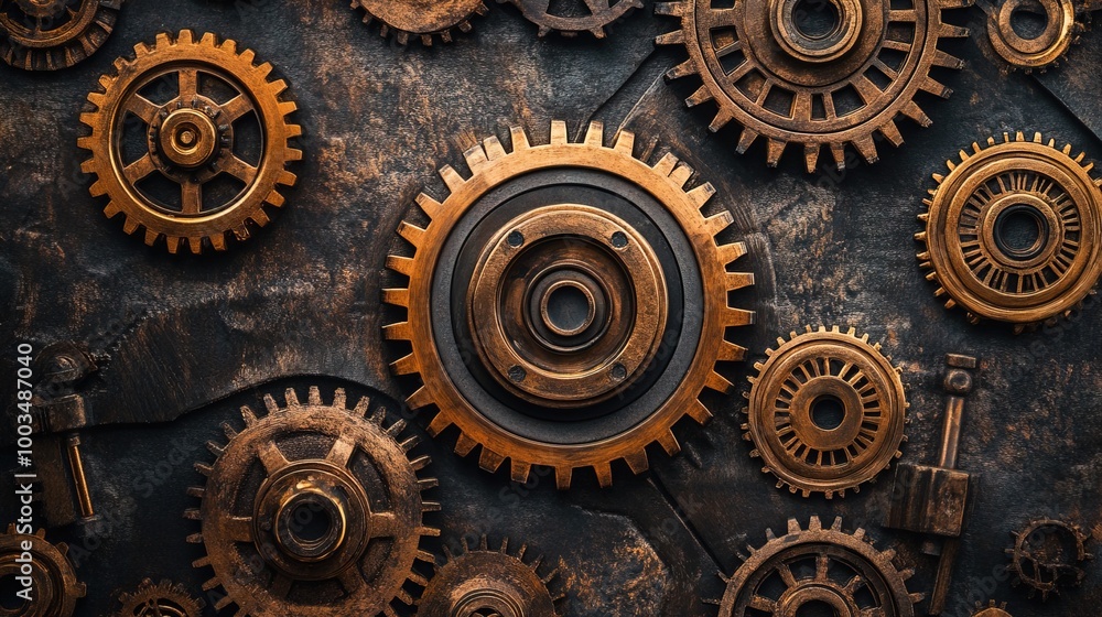 Old brass gears metal background in the steam punk style Old brass gears metal background in the steam punk style