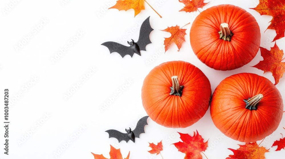 Fototapeta premium Creative flat lay of Halloween-themed pumpkins and bats on a white background with space for copy. No people, no logo.