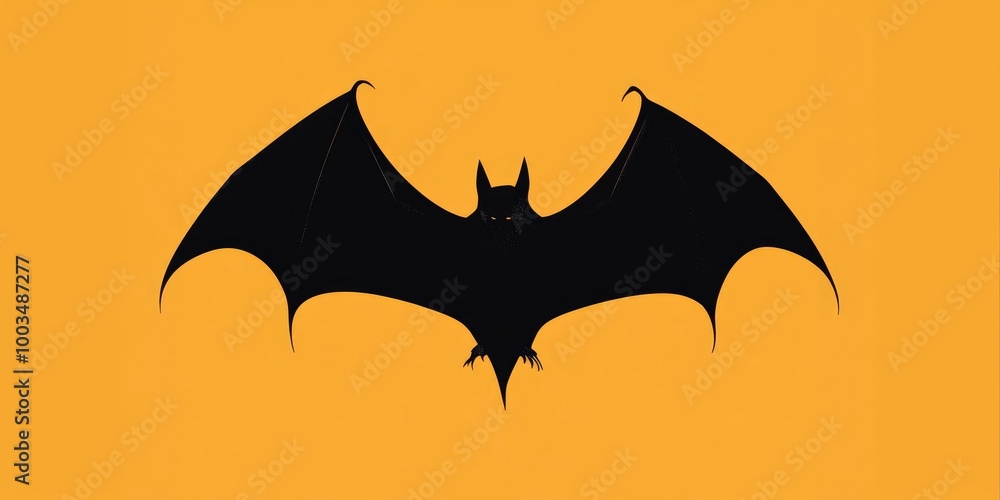 A striking black bat silhouette against a vibrant orange background creates a haunting atmosphere perfect for Halloween decorations or seasonal artwork. Halloween background, copy space. A striking black bat silhouette against a vibrant orange background creates a haunting atmosphere perfect for Halloween decorations or seasonal artwork. Halloween background, copy space.