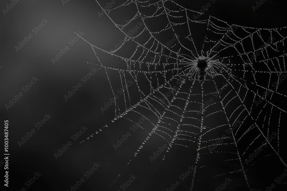 Fototapeta premium Halloween background. A delicate spider web glistens softly in the darkness, showcasing intricate patterns against a velvety black backdrop illuminated by gentle light