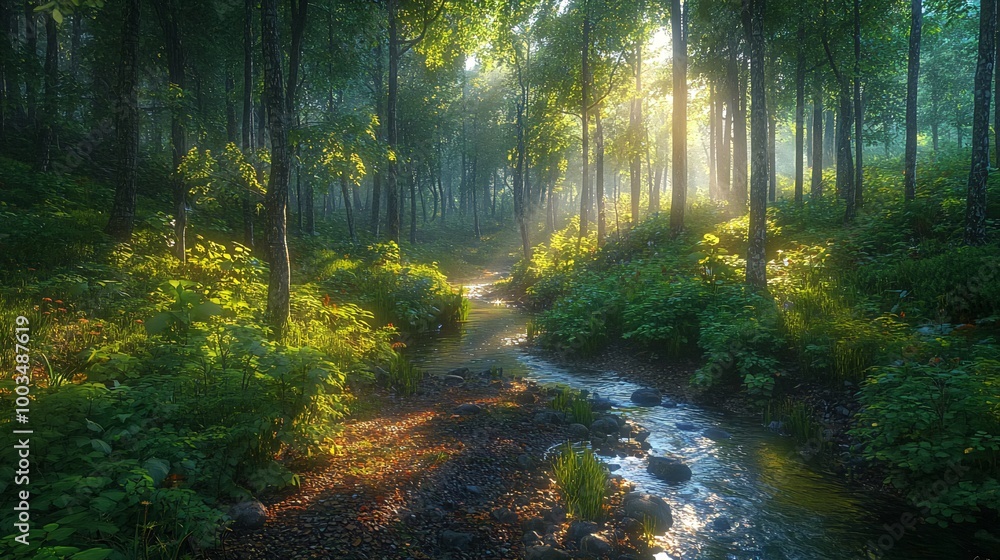 Obraz premium Sunbeams illuminate a misty forest path with a small stream flowing through the lush green foliage.