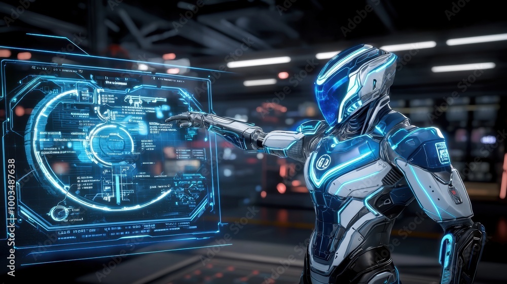 Futuristic Robot Interacting with Holographic Interface Futuristic Robot Interacting with Holographic Interface