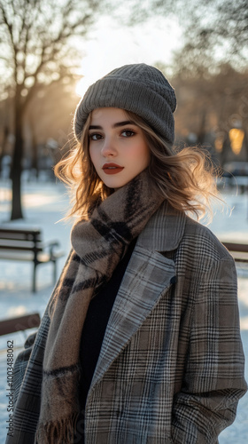 A fashionable young woman in a stylish winter coat, scarf, and hat, posing in a city park with snow-covered trees and benches in the background