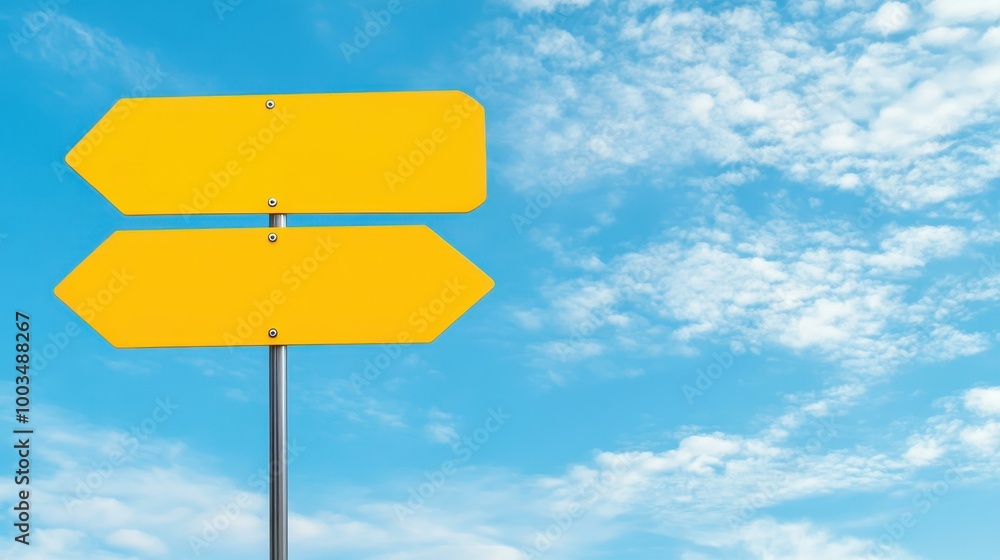 Bright yellow signs point the way against a clear blue sky, contrasting beautifully with soft, fluffy clouds in the background. Bright yellow signs point the way against a clear blue sky, contrasting beautifully with soft, fluffy clouds in the background.