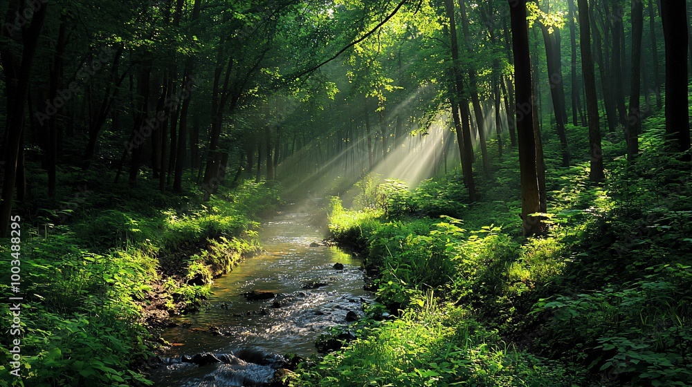 Fototapeta premium Sunbeams illuminate a stream winding through a lush green forest.