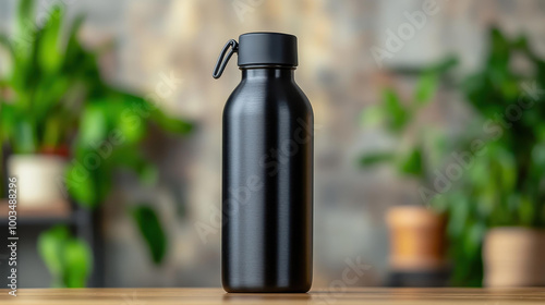 Stay hydrated onthego with a sleek black stainless steel water bottle featuring a secure lid for ultimate convenience. photo