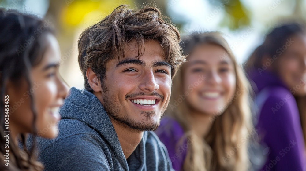 A group of young people smiling and enjoying each other's company outdoors. A group of young people smiling and enjoying each other's company outdoors.