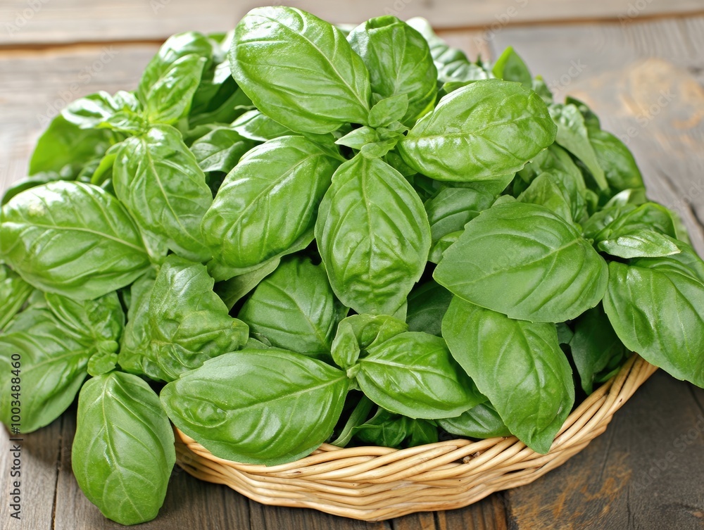 Fresh Basil Leaves in a Wooden Basket Fresh Basil Leaves in a Wooden Basket