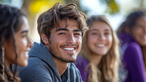 A group of young people smiling and enjoying each other's company outdoors.